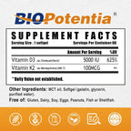 BIO POTENTIA Vitamina D3 K2 con MCT Oil, 5000 UI D3 y 100 mcg K2 (MK-7), 90 Cápsulas Blandas