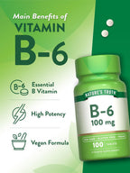 Nature's Truth Vitamina B6 | 100 mg | 100 Comprimidos | Suplemento Vegano, Sin Gluten y No GMO