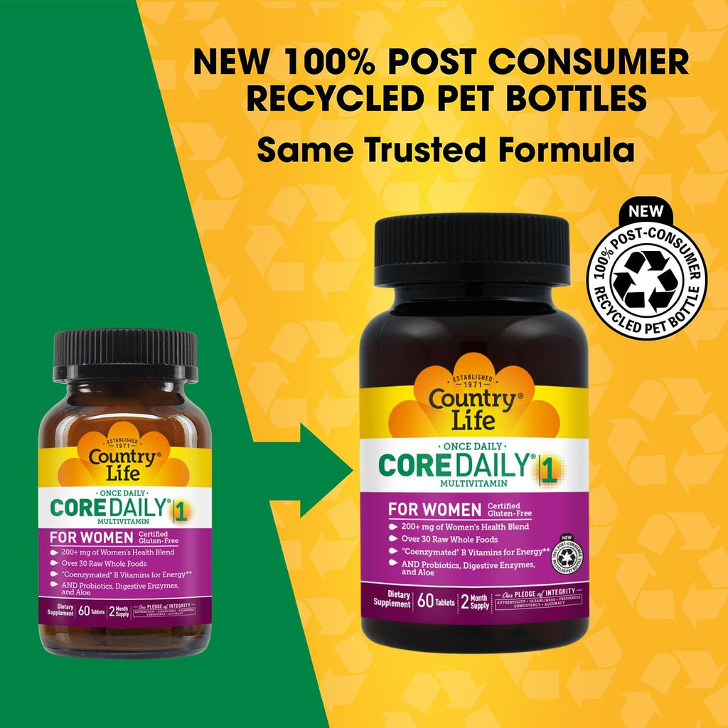 Country Life Women’s Core 1 Multivitamínico Diario para Mujeres con Hierro, Arándano Rojo, Probióticos y Enzimas Digestivas, 60 Comprimidos