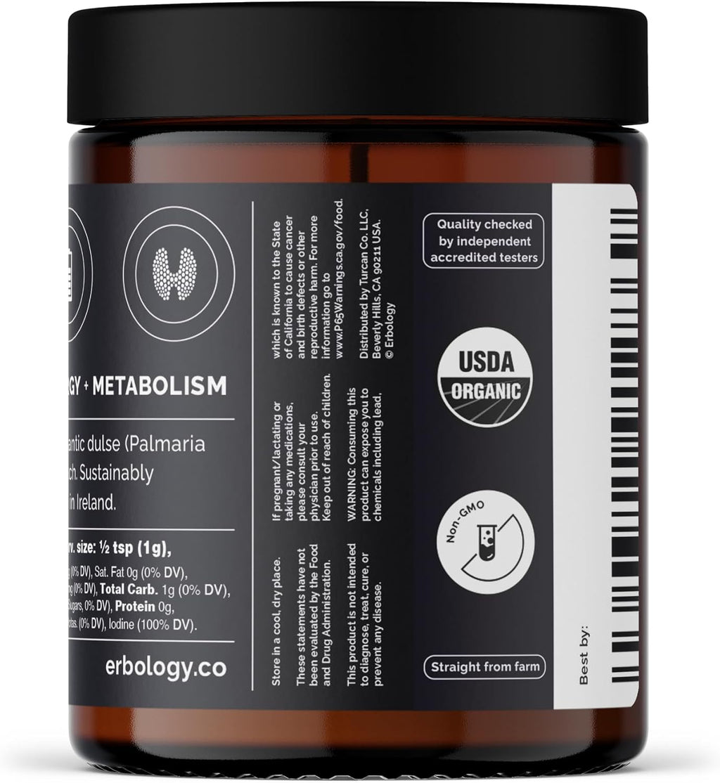 Erbology Polvo de Dulse Orgánico del Atlántico 3.2 oz (90 g) - 90 Porciones - Rico en Yodo y Hierro - Sin OGM