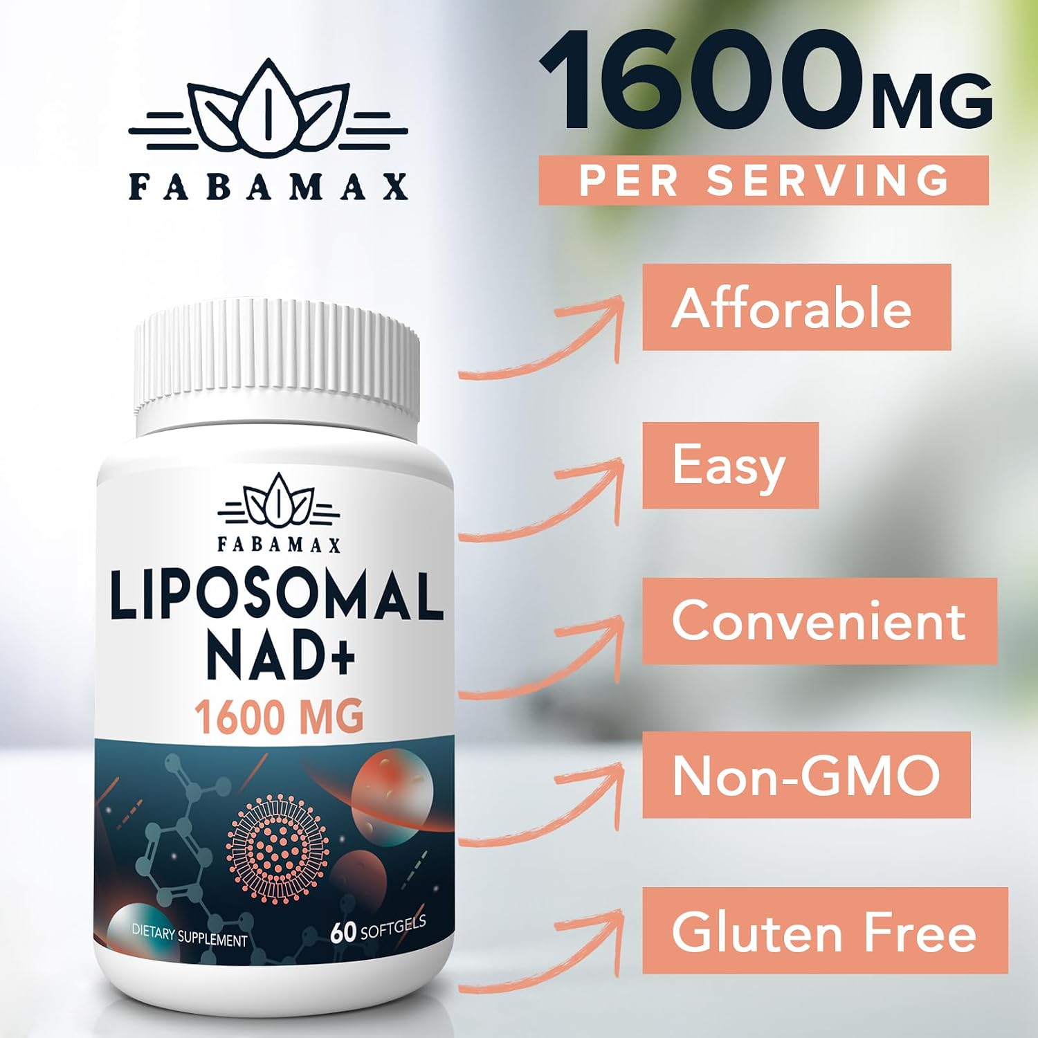 Fabamax 1600 mg Liposomal NAD+ - 98% Pureza, Absorción Superior, 120 Cápsulas Blandas