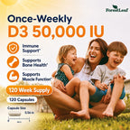 ForestLeaf Vitamina D3 50,000 UI | Suplemento de Vitamina D para Huesos, Dientes, Sistema Inmunitario | Dosis Semanal, 120 Cápsulas
