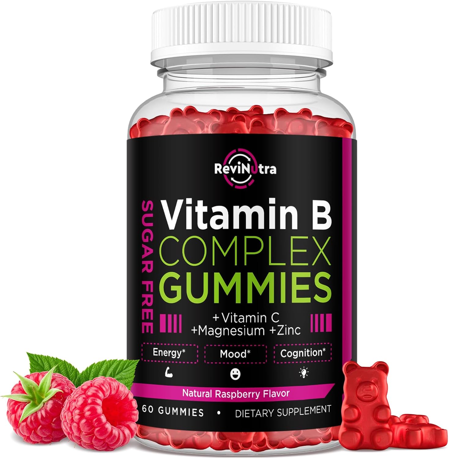 ReviNutra Complejo B en Gominolas con Vitaminas C, Zinc, Magnesio y CoQ10, 60 Gominolas Sabor Frambuesa