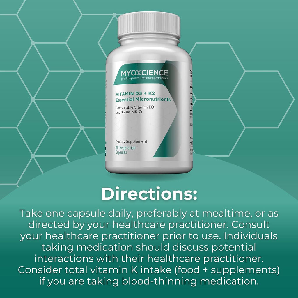 MYOXCIENCE Vitamina D3 + K2 Micronutrientes Esenciales | 6000 UI D3 + 150 mcg K2 MK-7 | 90 Cápsulas Vegetales