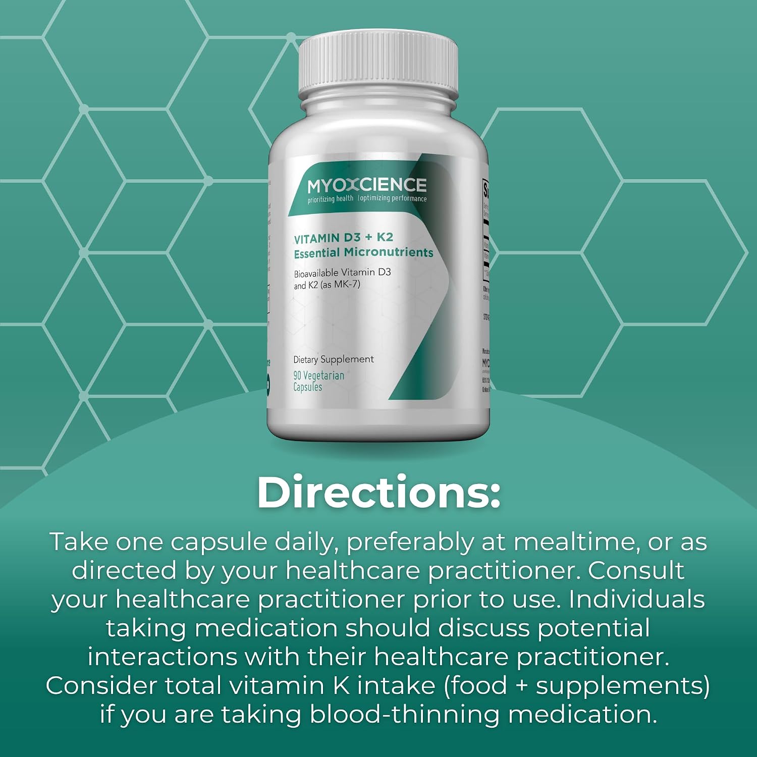 MYOXCIENCE Vitamina D3 + K2 Micronutrientes Esenciales | 6000 UI D3 + 150 mcg K2 MK-7 | 90 Cápsulas Vegetales