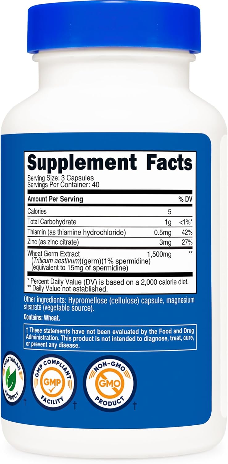 Nutricost Espermidina Extracto de Germen de Trigo, 120 Cápsulas para 40 Raciones - Vegetariano, Sin OGM