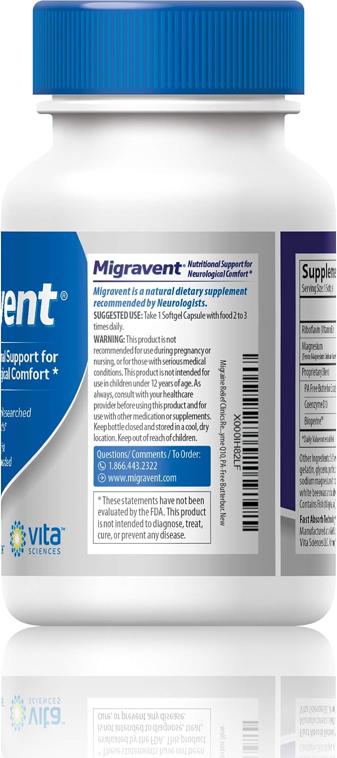 Vita Sciences Migravent – Fórmula Nutricional Avanzada con Magnesio, CoQ10, Vitamina B2 y Butterbur – 60 Cápsulas