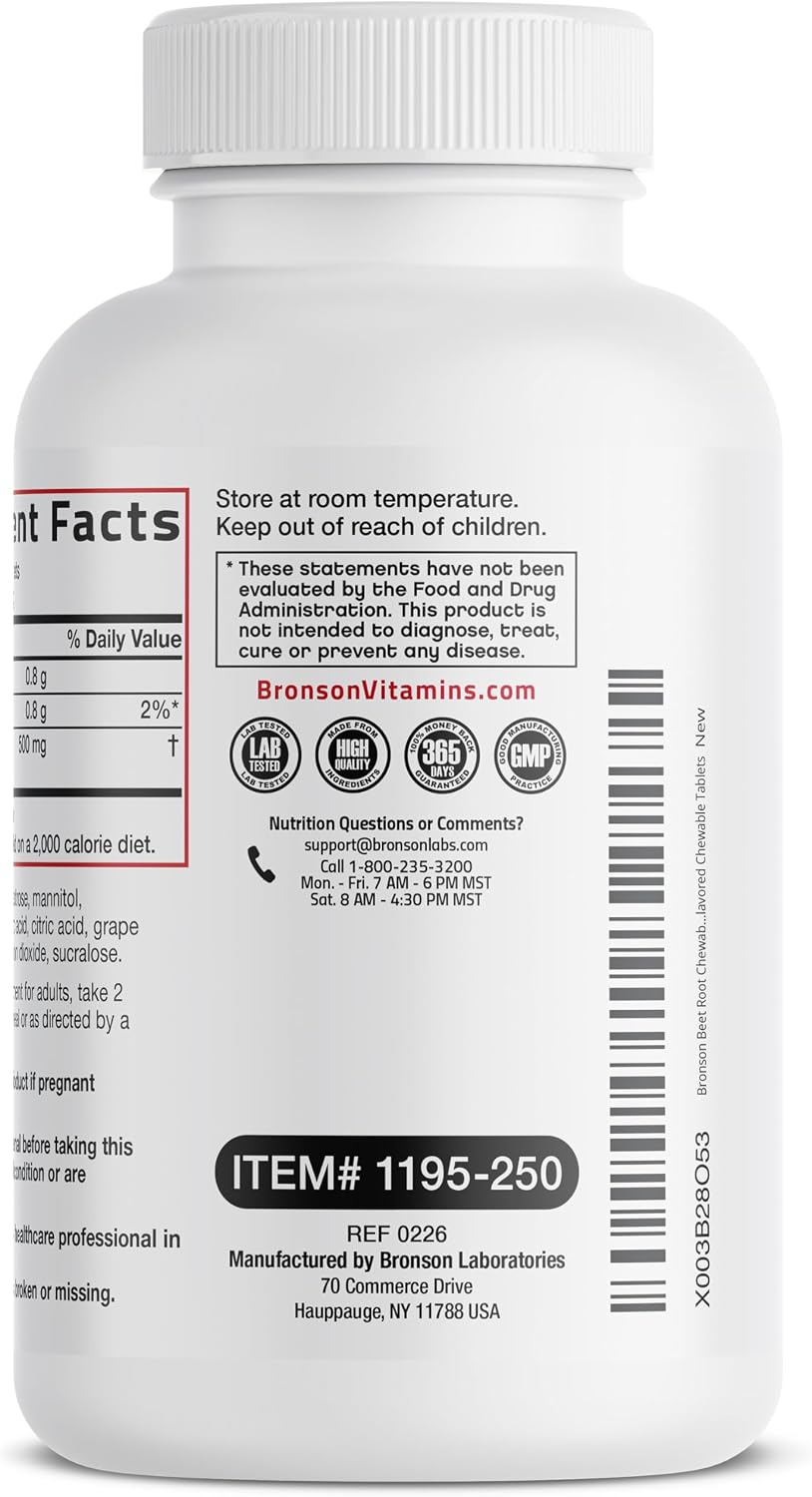 Bronson Beet Root Chewables, Sabor Uva - Extra Strength, 250 Comprimidos Masticables