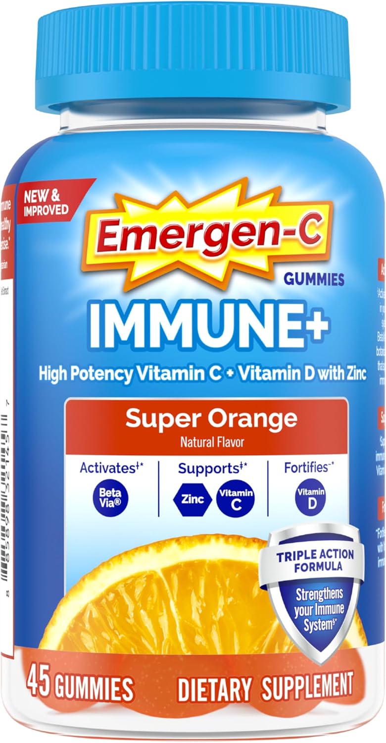 Emergen-C Immune+ Triple Action Gominolas de Apoyo Inmunitario, con BetaVia, 750 mg de Vitamina C, Vitaminas B, Vitamina D y Antioxidantes, Sabor Super Naranja - 45 Unidades