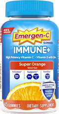 Emergen-C Immune+ Triple Action Gominolas de Apoyo Inmunitario, con BetaVia, 750 mg de Vitamina C, Vitaminas B, Vitamina D y Antioxidantes, Sabor Super Naranja - 45 Unidades