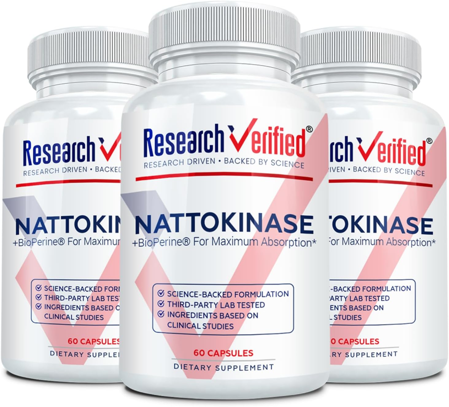 Research Verified Nattokinasa - 4000 FU - Apoyo Circulatorio - BioPerine, Sin Vitamina K2 - 60 Cápsulas - Pack de 3