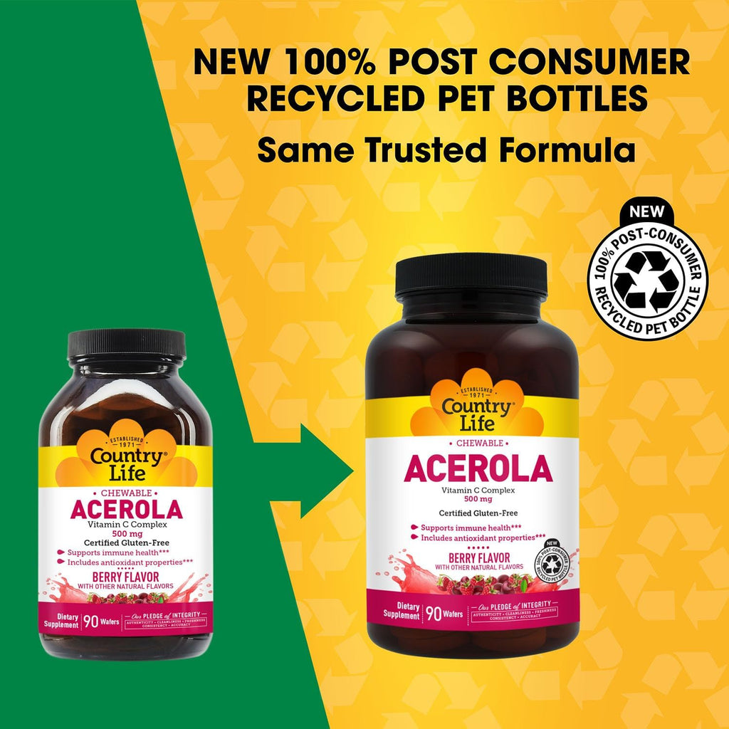 Country Life Acerola Vitamin C Complex 500mg, Obleas Masticables Sabor Baya con Bioflavonoides Cítricos y Escaramujo - 90 Obleas