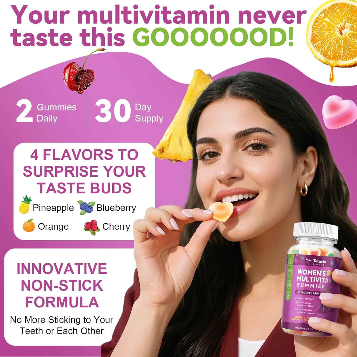 Totaria Multivitamínico para Mujeres sin Azúcar con Hierro – Gomitas con Complejo B, Vitaminas C, D3, K2, para Apoyo Nutricional Diario, Inmunidad y Piel