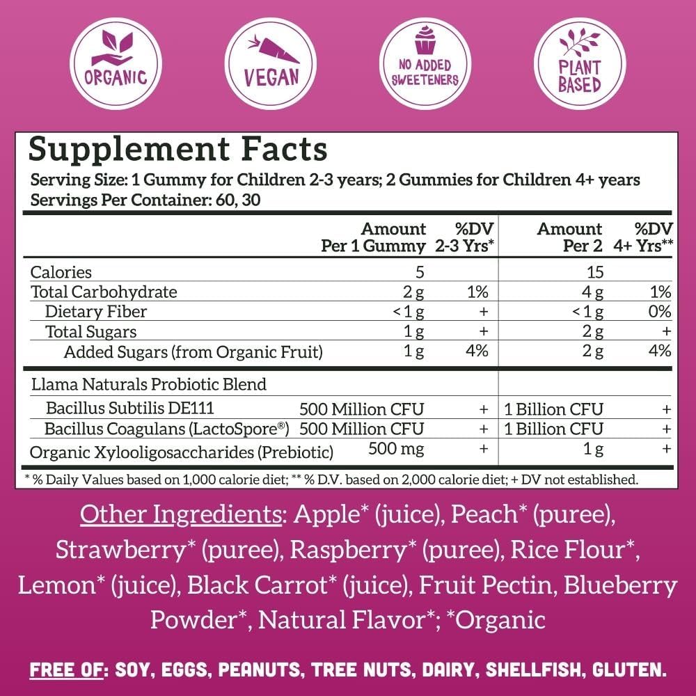 Llama Naturals Probiótico Infantil con Prebiótico, Gominolas Veganas de Fruta Real, Sin Azúcar Añadido, Mixed Berry, 60 Ct