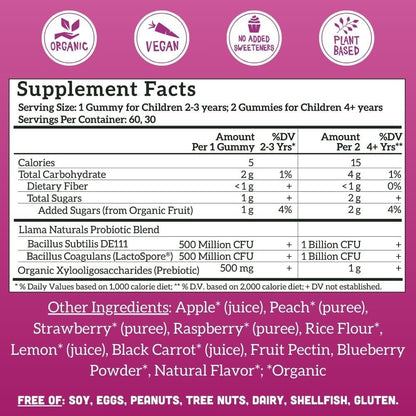 Llama Naturals Probiótico Infantil con Prebiótico, Gominolas Veganas de Fruta Real, Sin Azúcar Añadido, Mixed Berry, 60 Ct – Image 4