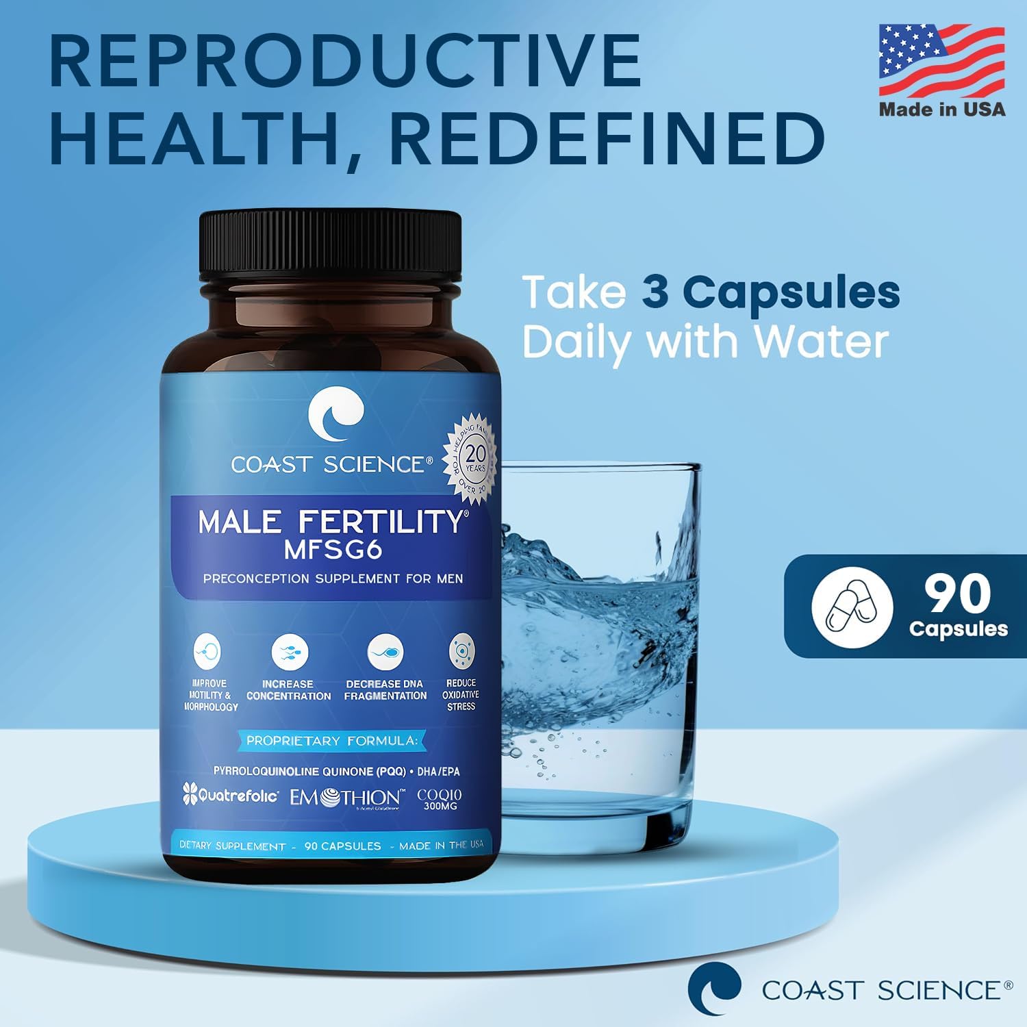 Coast Science MFSg6 - Male Fertility Supplement with CoQ10, Ashwagandha, and PQQ - 90 Capsules