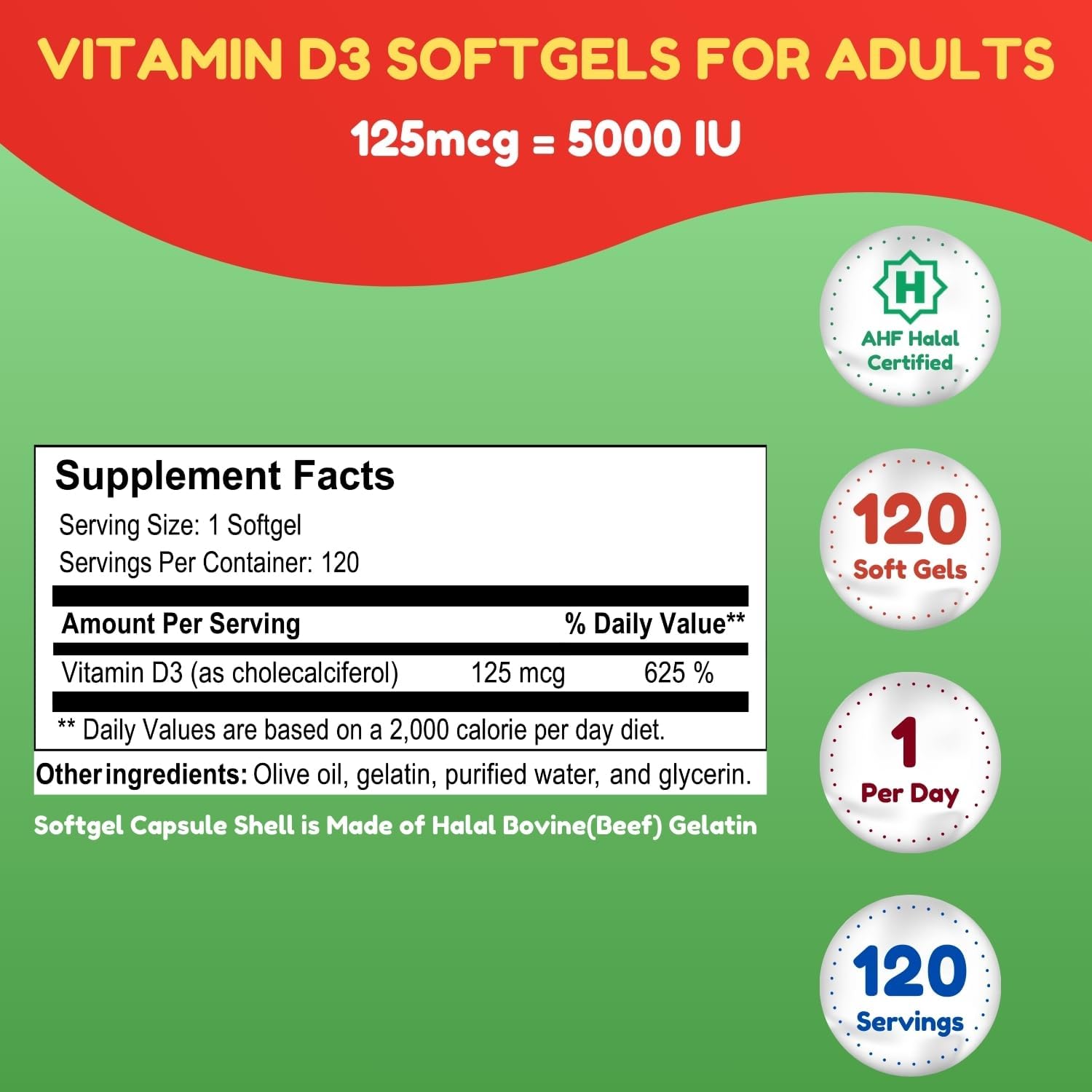 SHIFAA NUTRITION Vitamina D3 5000 IU Halal - 120 Cápsulas Blandas - No-GMO, Sin Gluten