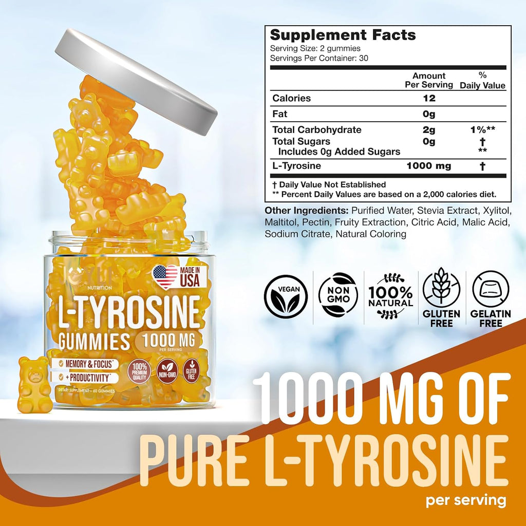Joyli L-Tirosina Gominolas 1000 mg - Complemento de L-Tirosina para Calma y Concentración - 500 mg por Gominola - Vegano, Sin Gluten
