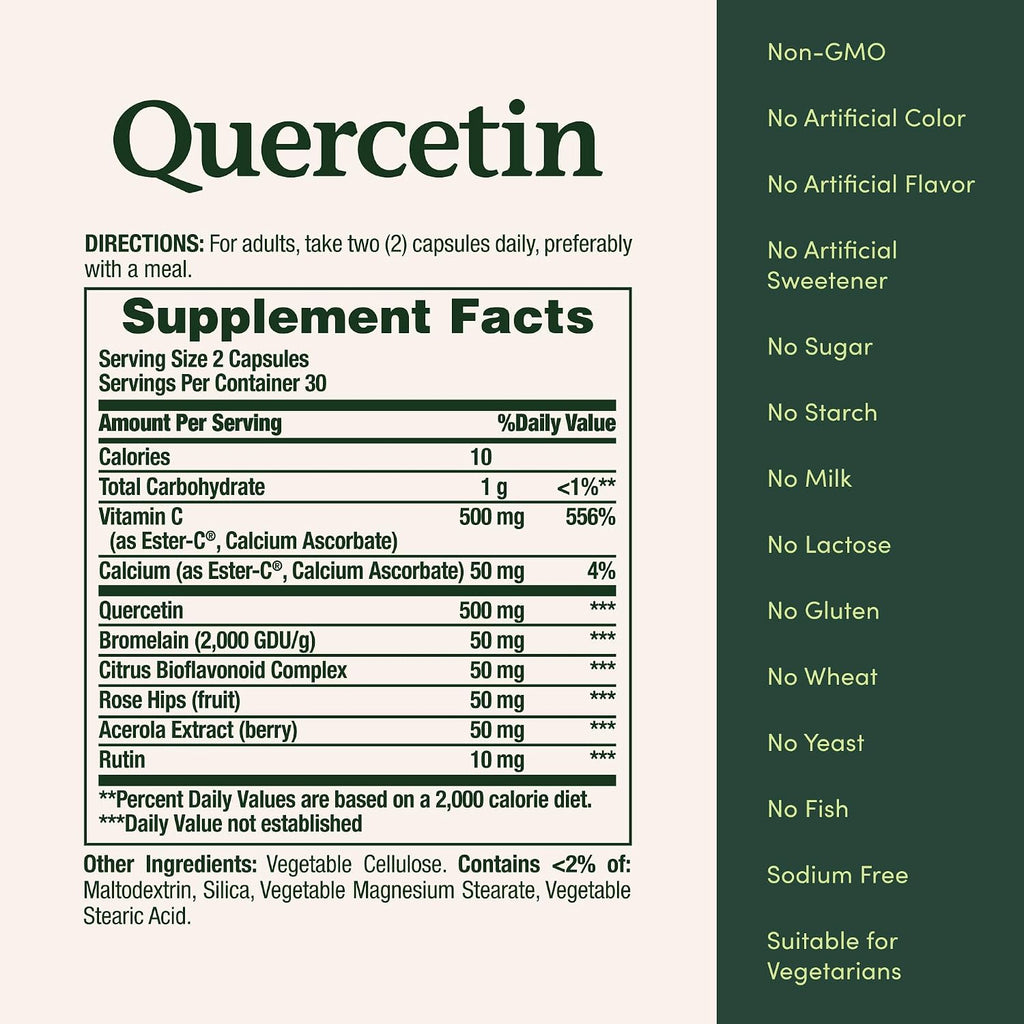 Nature's Bounty Quercetin 500 mg con Vitamina C, Escaramujo y Rutina, 60 comprimidos