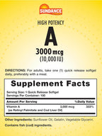 Sundance Vitamina A de Alta Potencia - 3000 mcg (10000 UI) - 100 Cápsulas Blandas - Complemento Alimenticio Esencial, No GMO y Sin Gluten