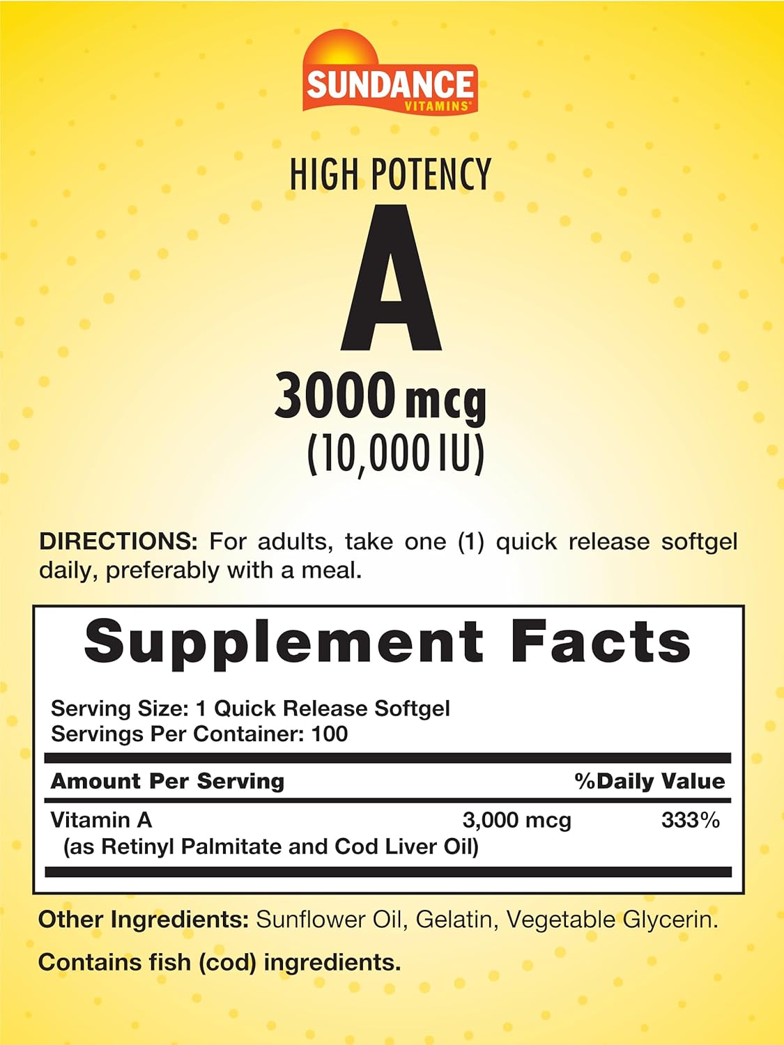 Sundance Vitamina A de Alta Potencia - 3000 mcg (10000 UI) - 100 Cápsulas Blandas - Complemento Alimenticio Esencial, No GMO y Sin Gluten
