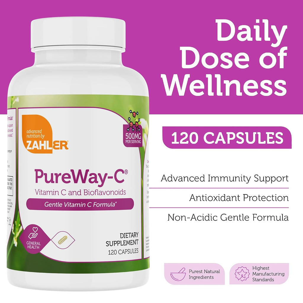 Zahler Vitamina C 500mg con Bioflavonoides - Suave para el Estómago - Apoyo Inmunitario - Sin Gluten No-GMO para Adultos (120 Cápsulas)