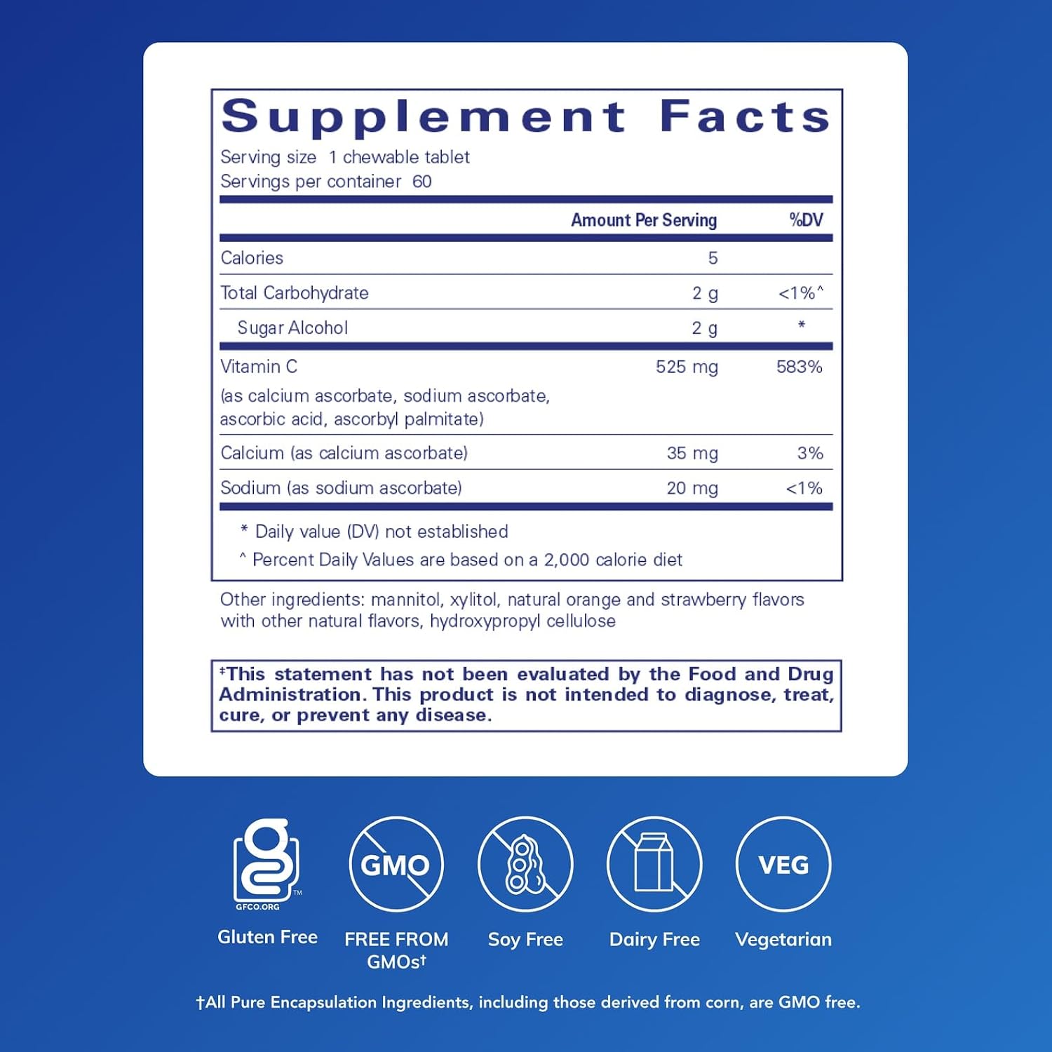 Pure Encapsulations Vitamin C Chewables | 60 Comprimidos Masticables | Sabor Naranja-Fresa Natural