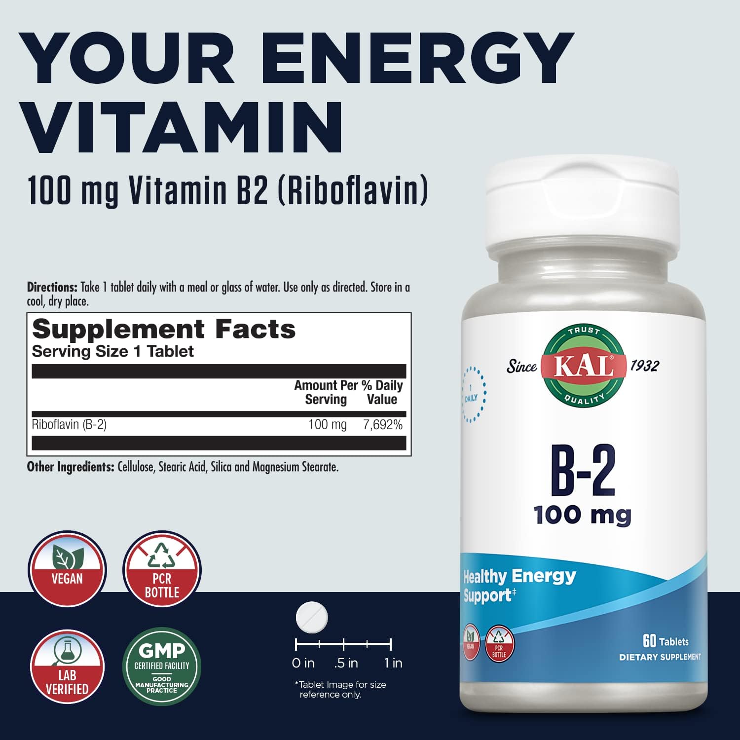 KAL Vitamina B2 100 mg - Riboflavina con ActivTabs, 60 Comprimidos
