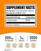 BulkSupplements L-Histidina en Polvo - Aminoácido Esencial, 500mg por Ración, 1kg (2.2 lbs)
