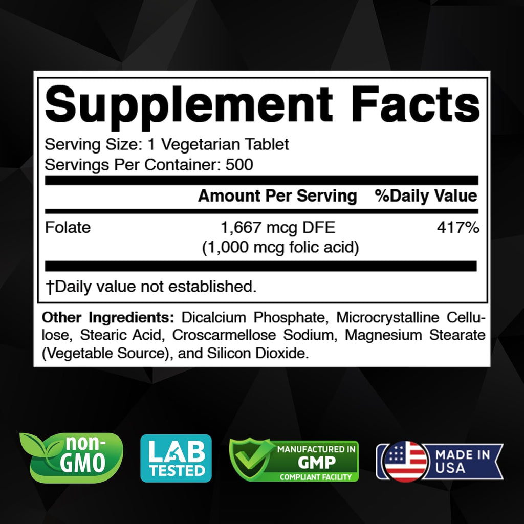 Vitabod Ácido Fólico 1 mg (1000 mcg) - 500 Comprimidos Veganos