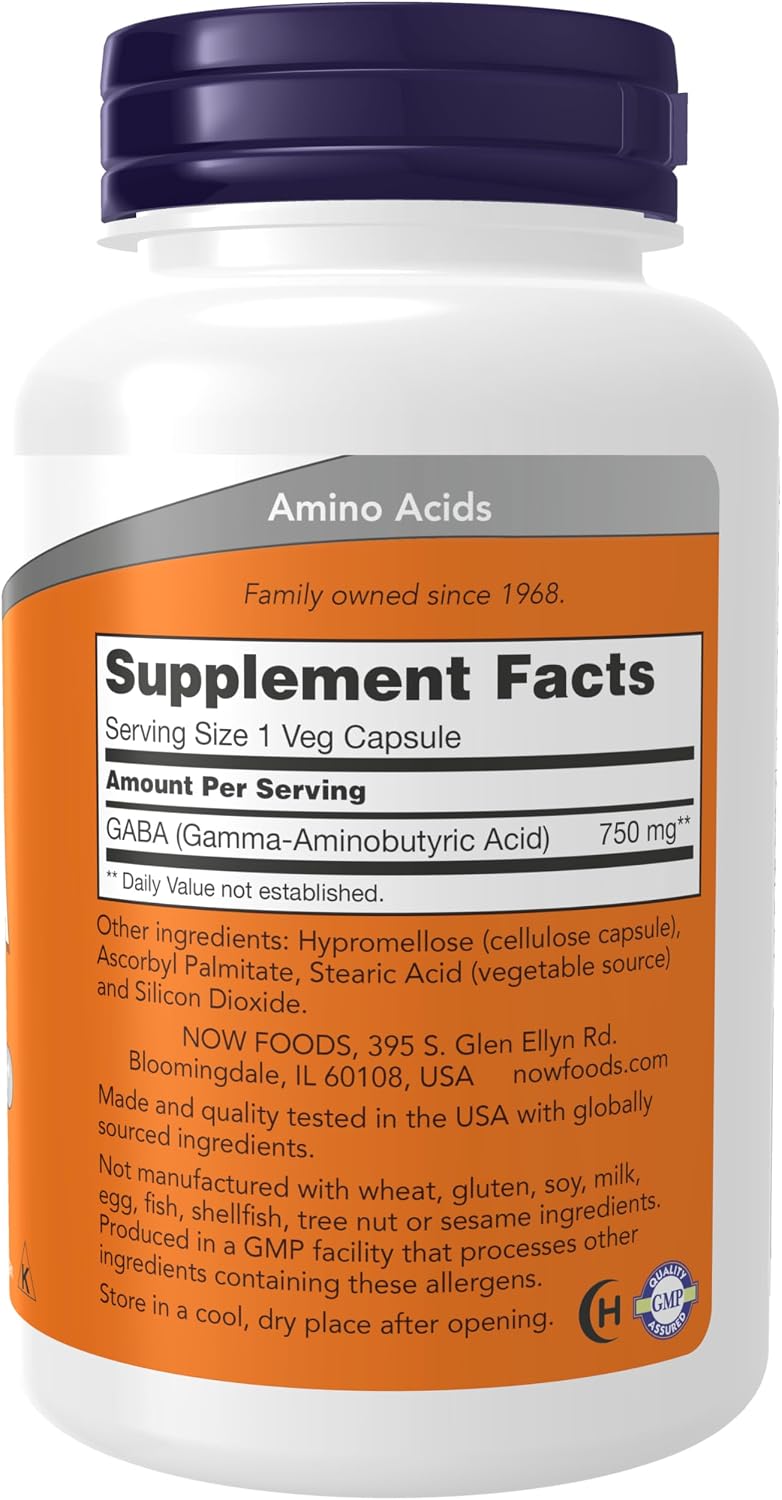 GABA (Gamma-Aminobutyric Acid) 750mg, 100 Cápsulas Veganas - NOW Foods