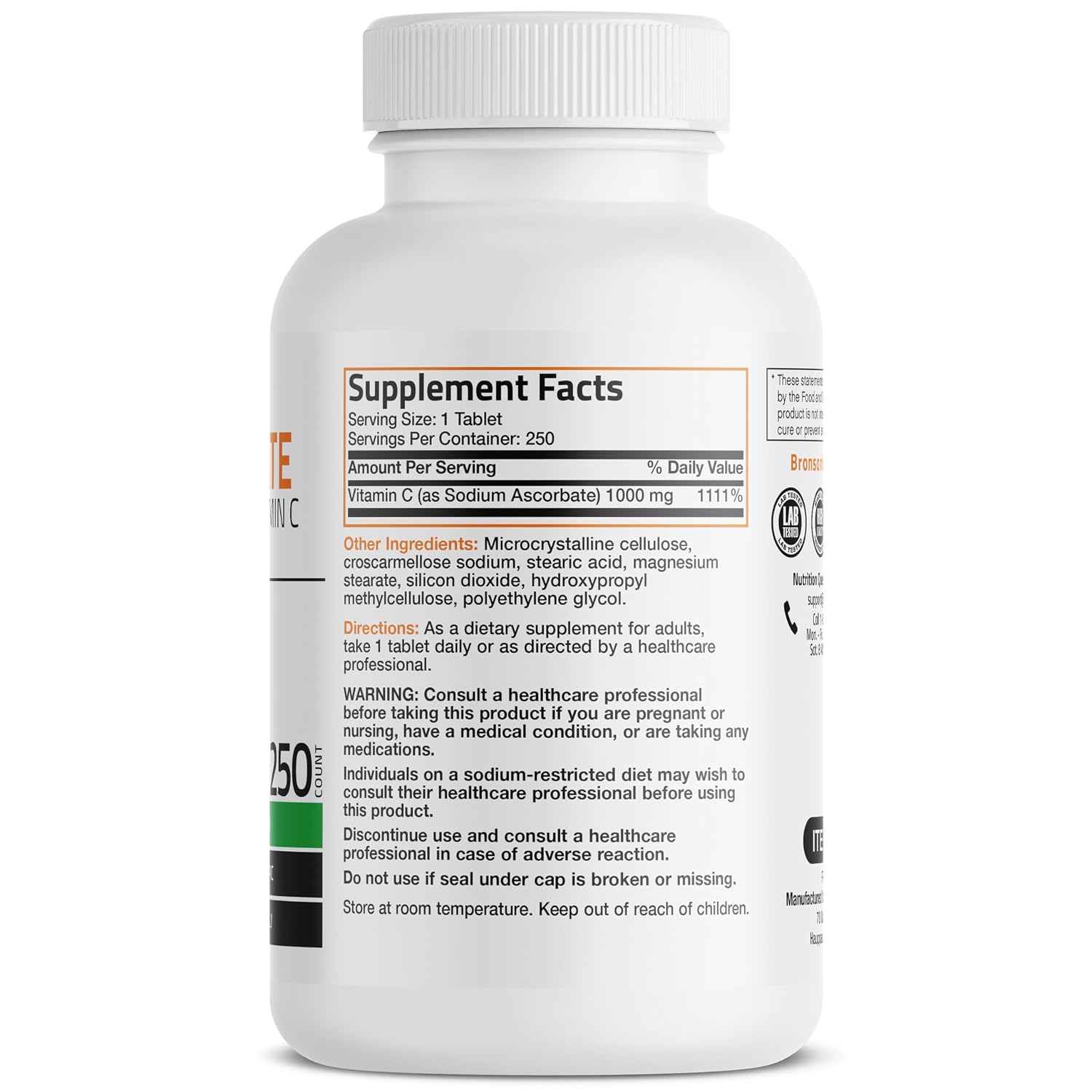 Ascorbato de Sodio Vitamina C 1000 mg - Bronson - No Ácido - 250 Comprimidos