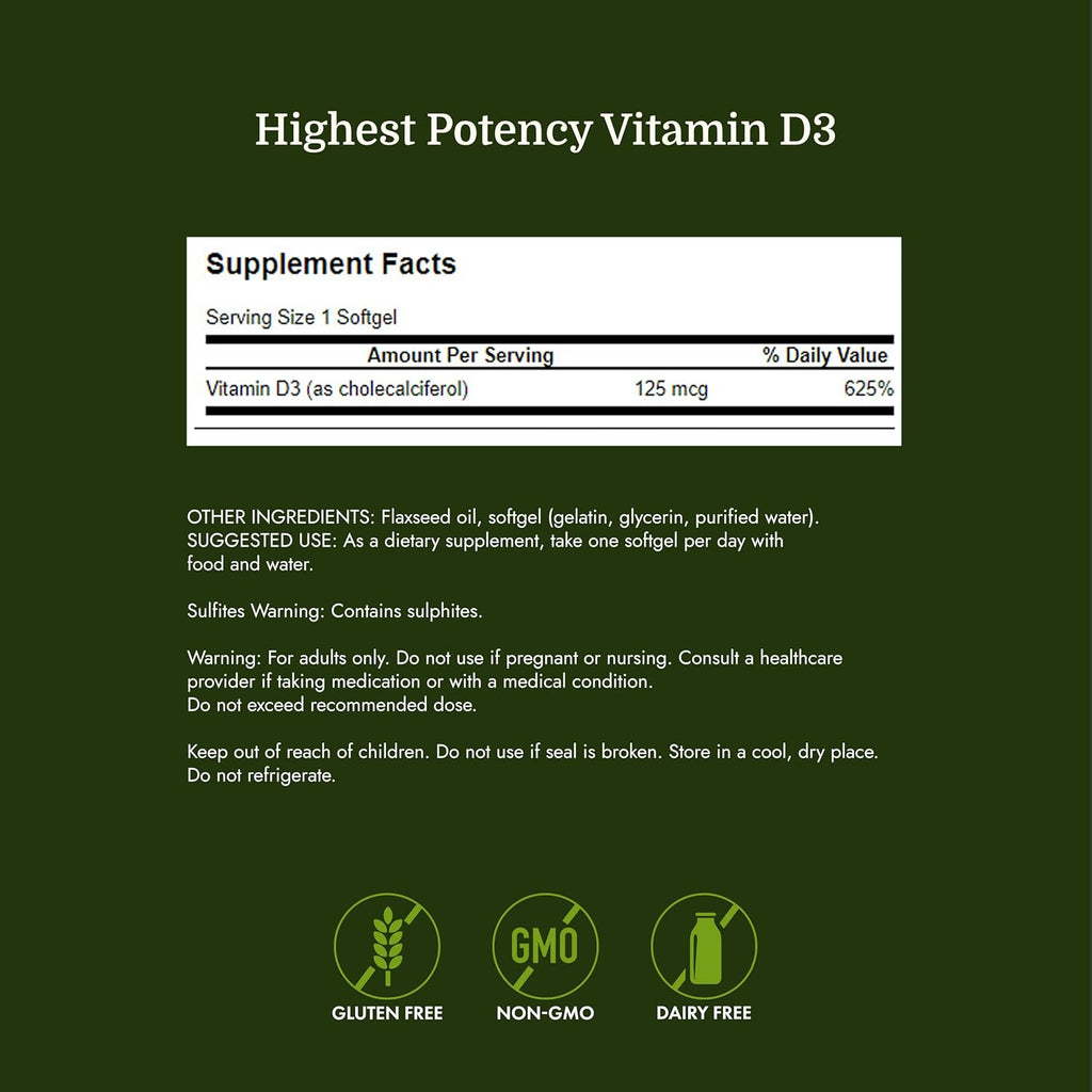 Swanson Vitamina D3 5000 UI - 125 mcg de Colecalciferol (250 Cápsulas Blandas)
