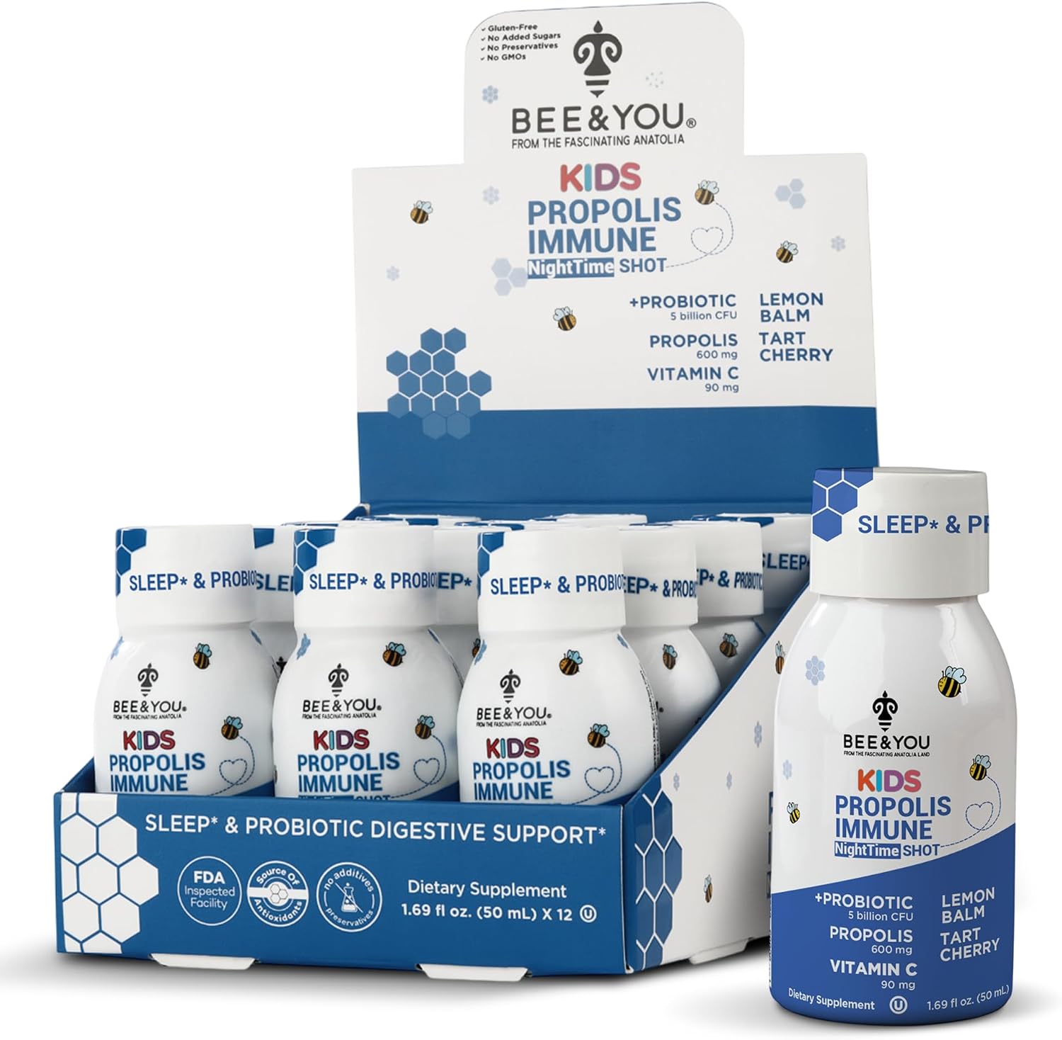 Bee and You Kids Propolis Immune Day Time Shot - Probiótico, Vitamina C, D3, Zinc, Apoyo Inmunitario y Digestivo, 1.69 fl oz, Pack de 12
