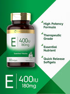 Carlyle Vitamina E 400 UI Cápsulas Blandas (180mg) | 300 Cápsulas | Suplemento No Transgénico y Sin Gluten