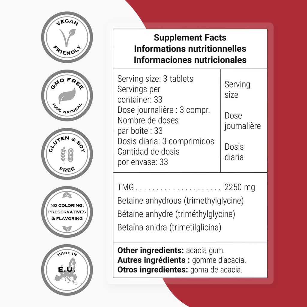 Supersmart TMG 2250 mg (Alta Potencia) - Trimetilglicina Betaína Anhidra - 100 Comprimidos