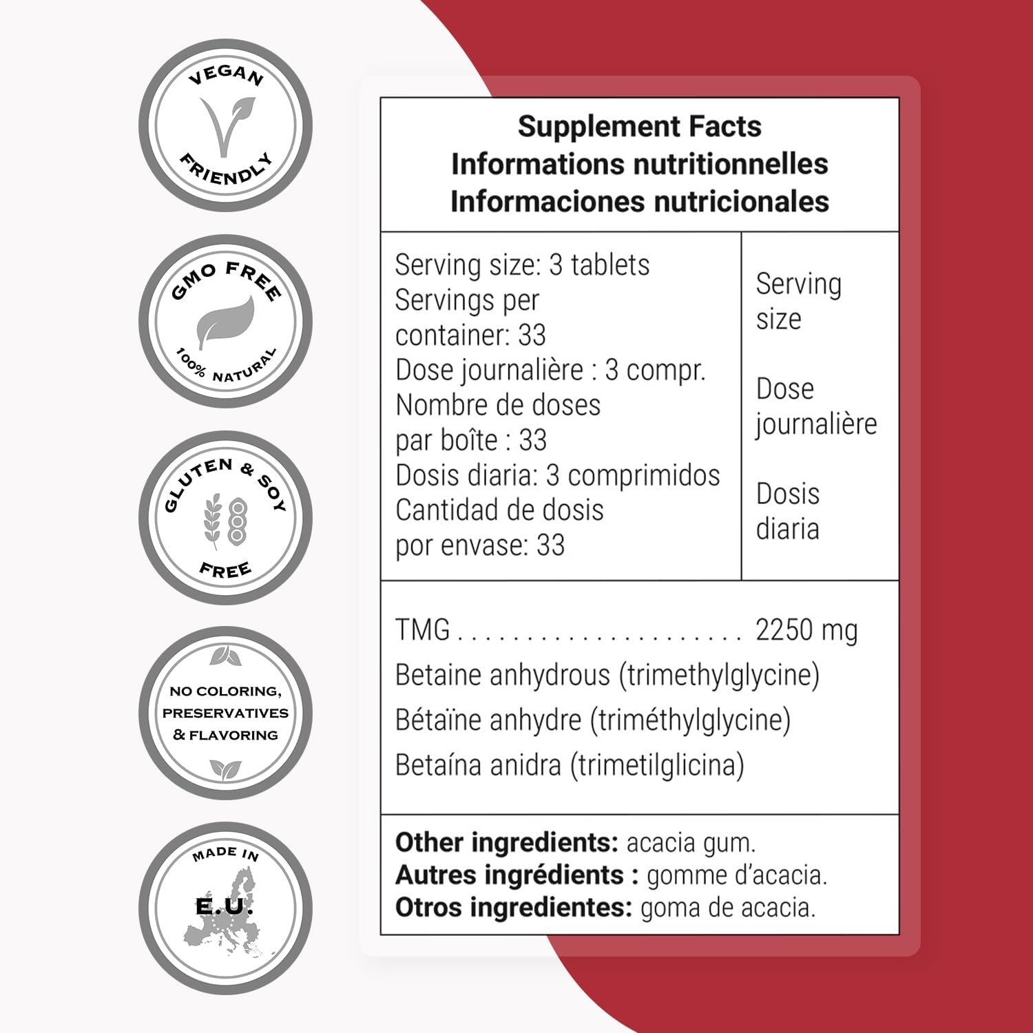 Supersmart TMG 2250 mg (Alta Potencia) - Trimetilglicina Betaína Anhidra - 100 Comprimidos