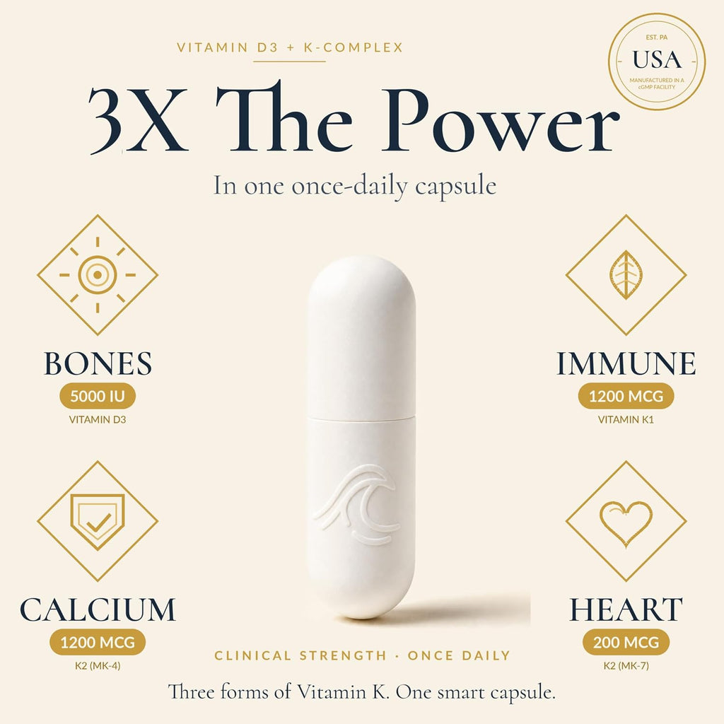 Natural Flow Vitamin D3 with K2 Complex — 5,000 IU D3 + Full K-Complex (K1, MK-4, MK-7) + FOS — Bone, Heart & Immune Support — Vegetarian, USA Made, 60 Capsules