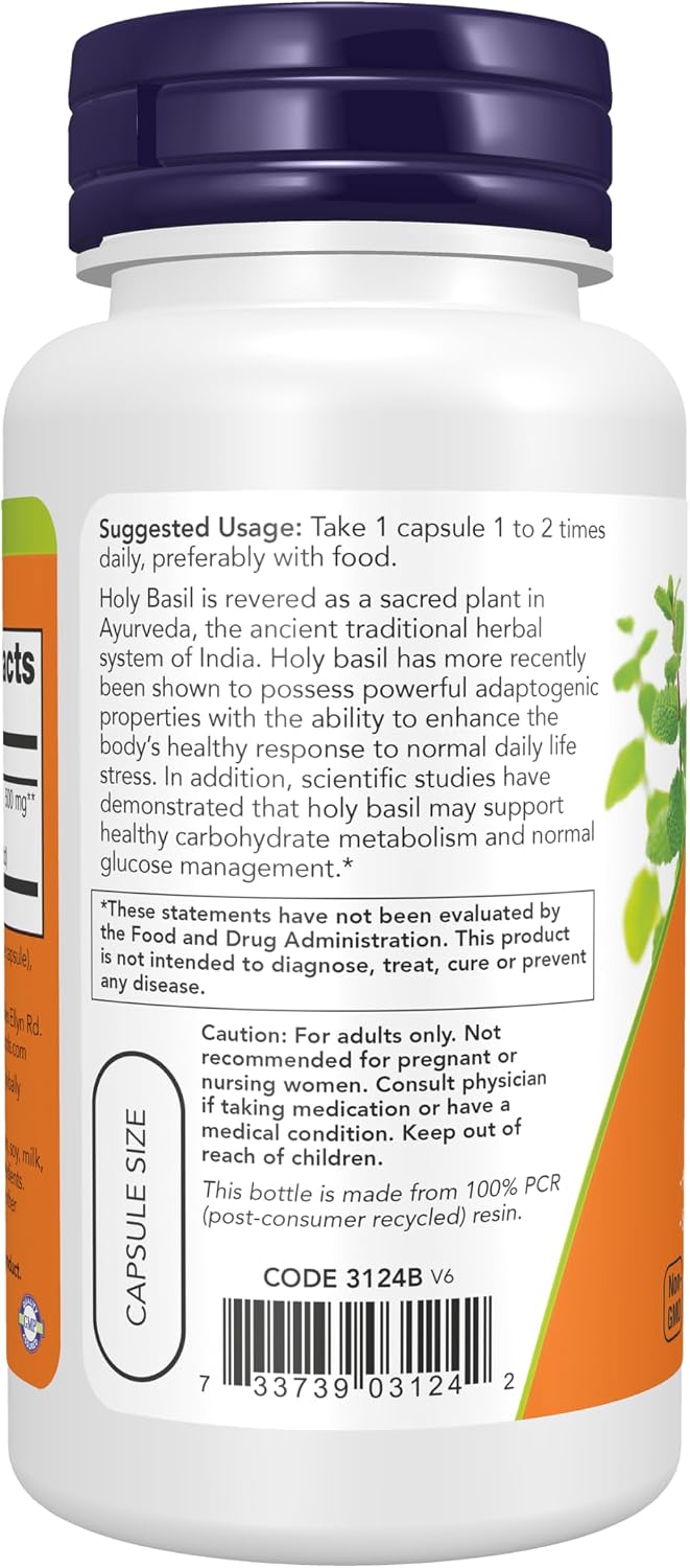 NOW Foods Extracto de Albahaca Santa (Tulsi) 500 mg, 90 Cápsulas Vegetales
