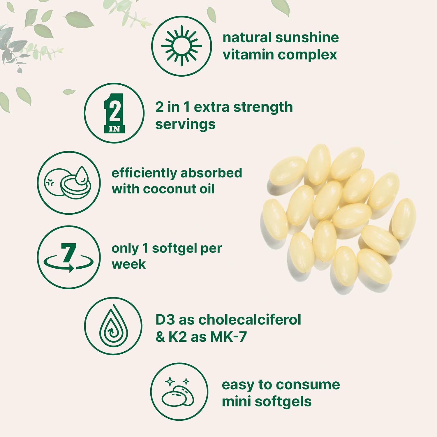 Vitamina D3 50.000 UI + K2 MK-7 200 mcg, 240 Cápsulas Blandas con Aceite de Coco Virgen