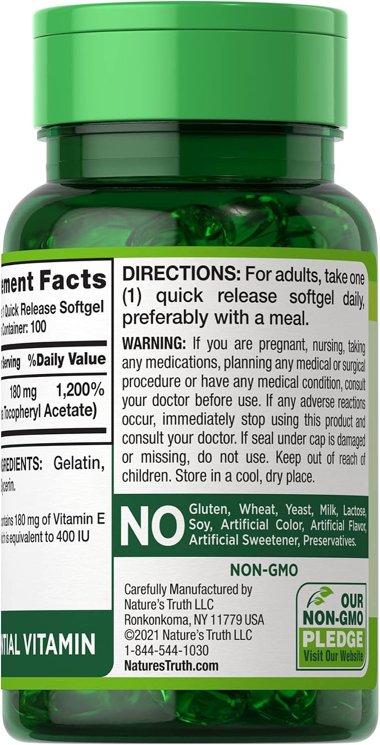 Nature's Truth Vitamina E 400 UI Cápsulas Blandas de Liberación Rápida - 200 Cápsulas (2 Envases de 100)