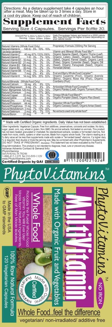 Multivitamínico Orgánico de Alimentos Integrales Sin Hierro - 120 Cápsulas Vegetarianas