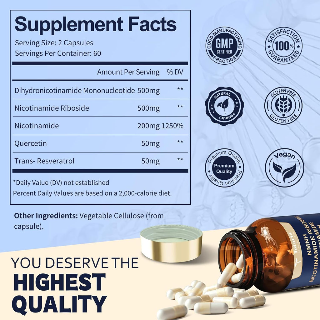 Totaria NMNH (Dihidronicotinamida Mononucleótido) con Niacinamida, Quercetina y Trans-Resveratrol – 240 Cápsulas
