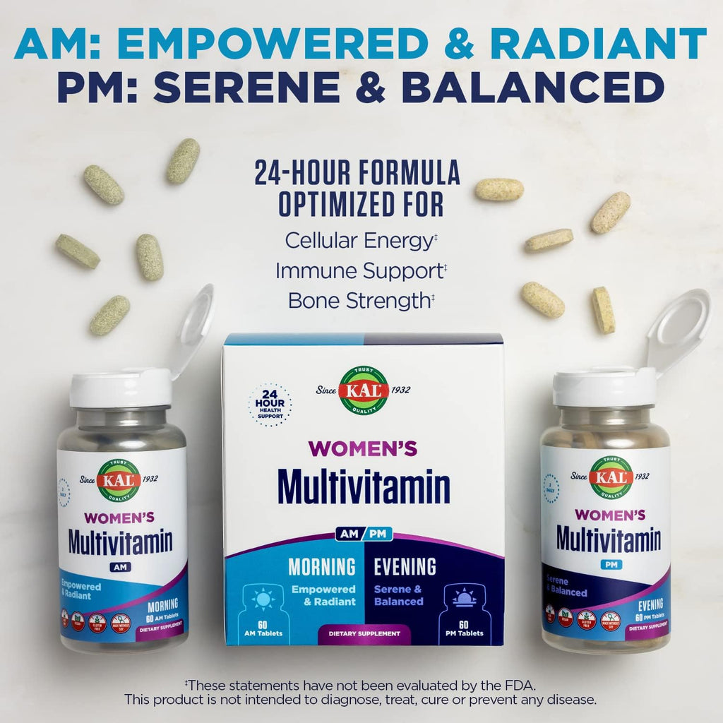 KAL Women's Multivitamin AM/PM, 2 en 1, con Ashwagandha, Silicio, Espirulina Orgánica y GABA, 120 Comprimidos