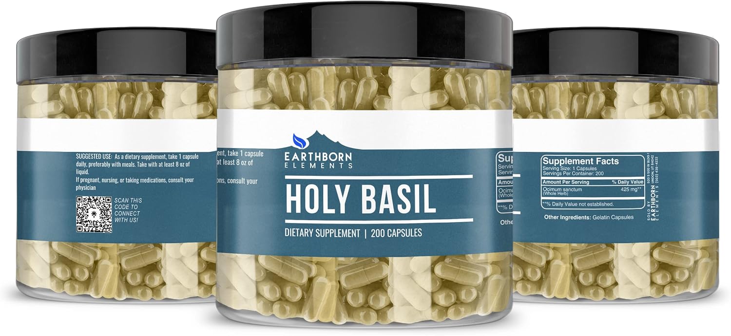 Earthborn Elements Albahaca Sagrada 200 Cápsulas, Pura y sin Diluir