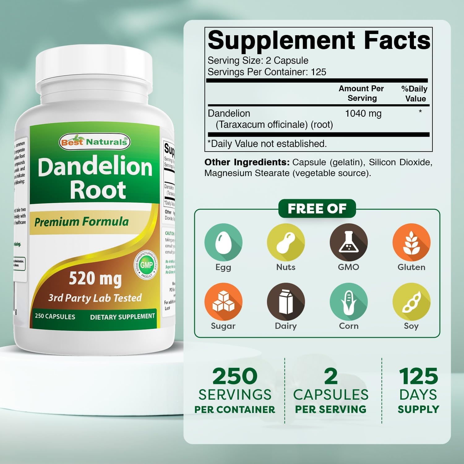 Best Naturals Raíz de Diente de León 520 mg 250 Cápsulas