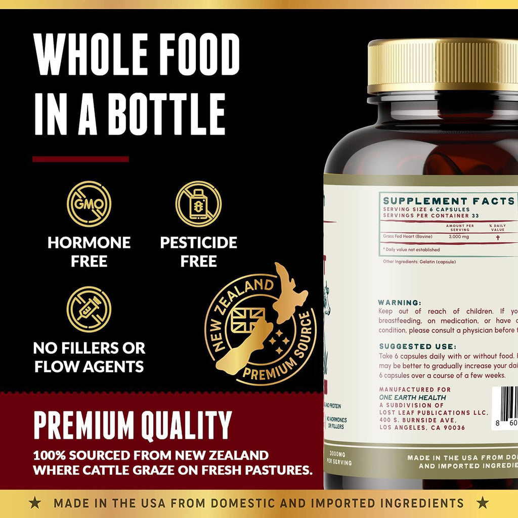 One Earth Health Corazón de Ternera Alimentado con Pasto - Neozelandés - 3000mg por Porción - 200 Unidades