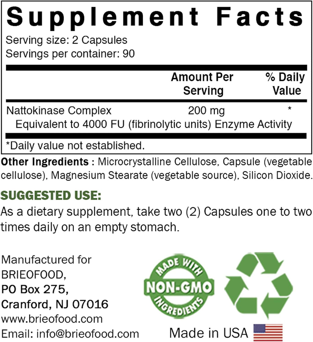 Brieofood Nattokinase 4000 FU - 180 Cápsulas - Apoyo a la Circulación