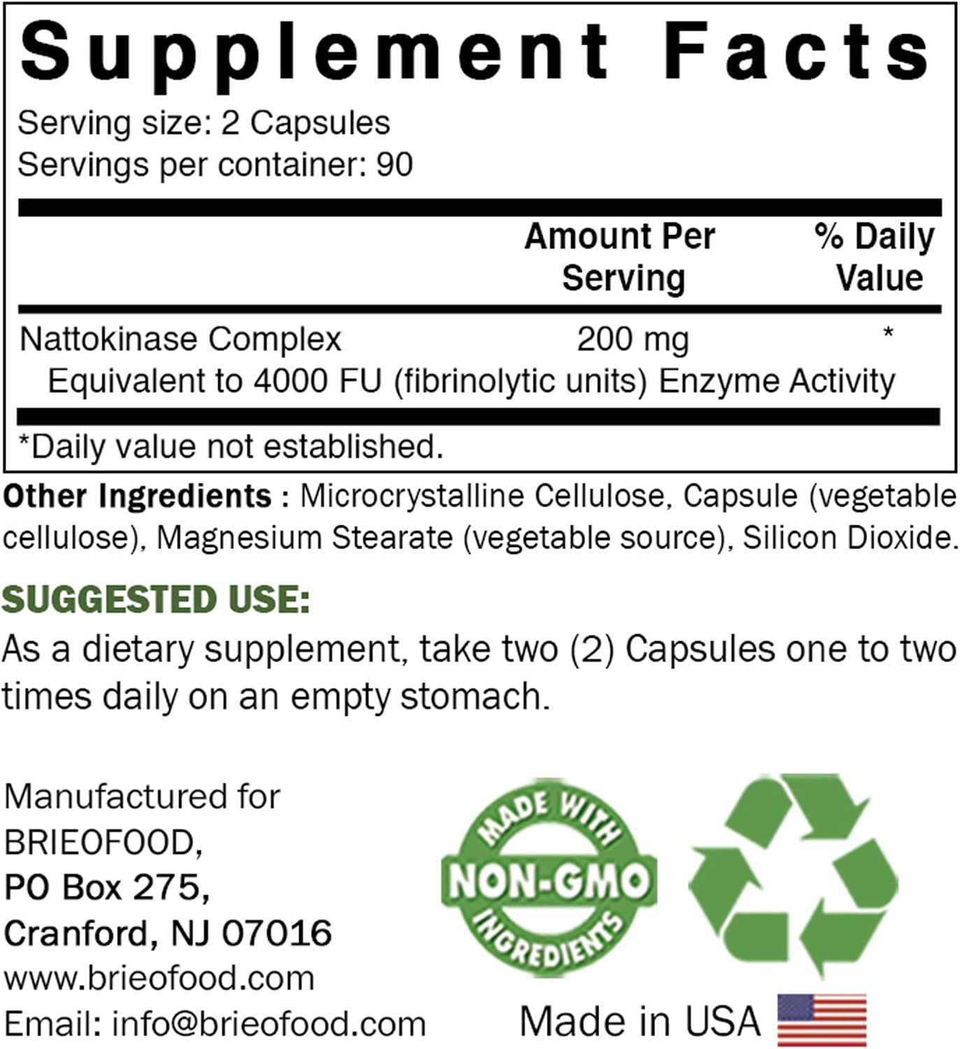 Brieofood Nattokinase 4000 FU - 180 Cápsulas - Apoyo a la Circulación