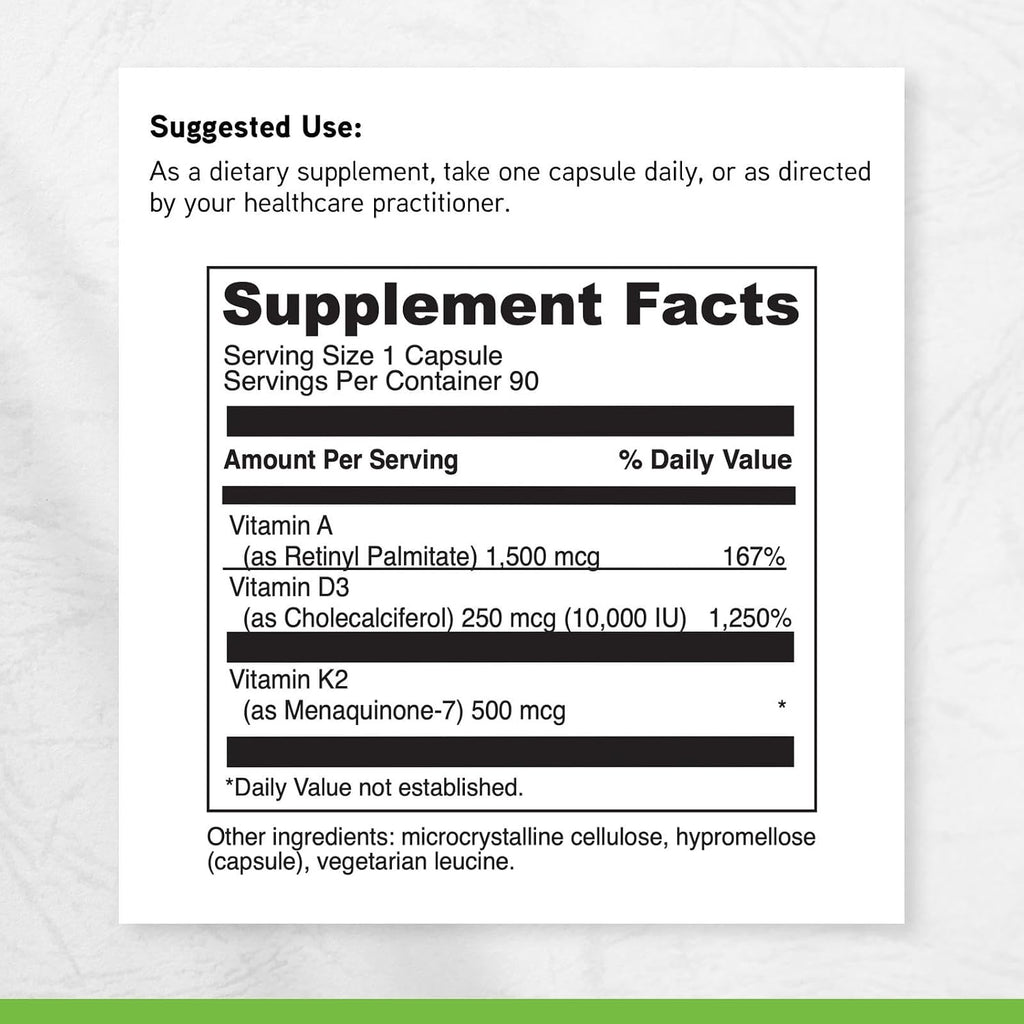 DAVINCI Labs ADK 10 - Combinación de Vitaminas A, D3 y K2 (MK-7) - 90 Cápsulas - Vegetariano, Sin Gluten, Sin Soja